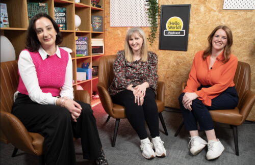 Photo of Dr. Jessica Hamer, Becky Patel and Rachel Arthur, on set of the Hello World podcast.