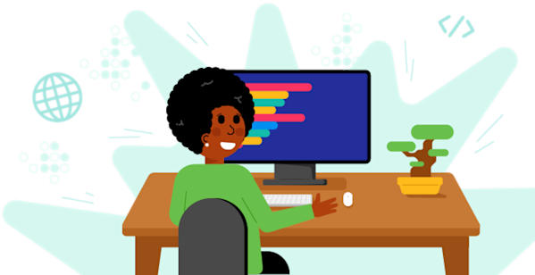 An illustration of a woman sitting at a computer desk