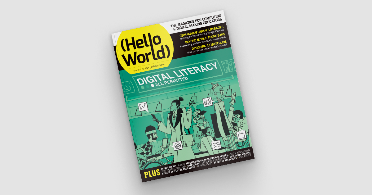 Digital image of Hello World, issue 26 'digital literacy' displayed at an angle.