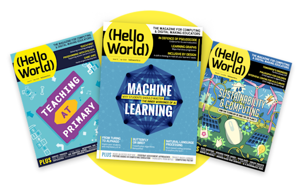Three copies of the Hello World magazine